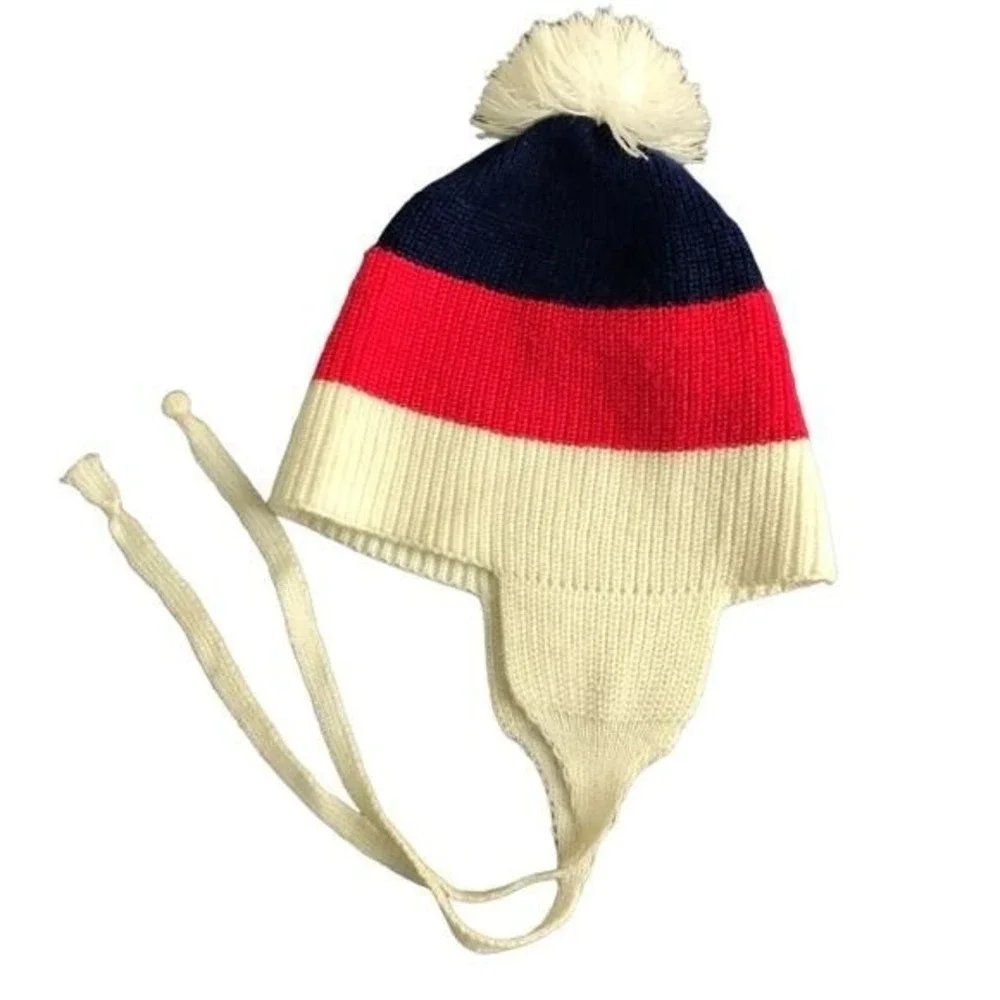 Saks Fifth Avenue Vintage Kids Wool Earflap Ski‎ Hat OS Pom Pom Preppy Americana